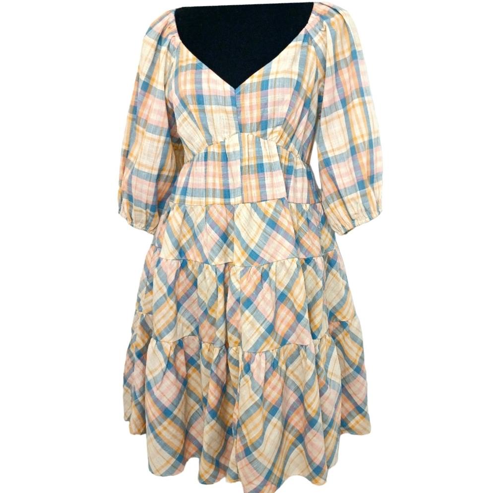 NEW Drew Cottagecore Multicolor Spring Plaid Tiered Dress Women's Sz Small NWT